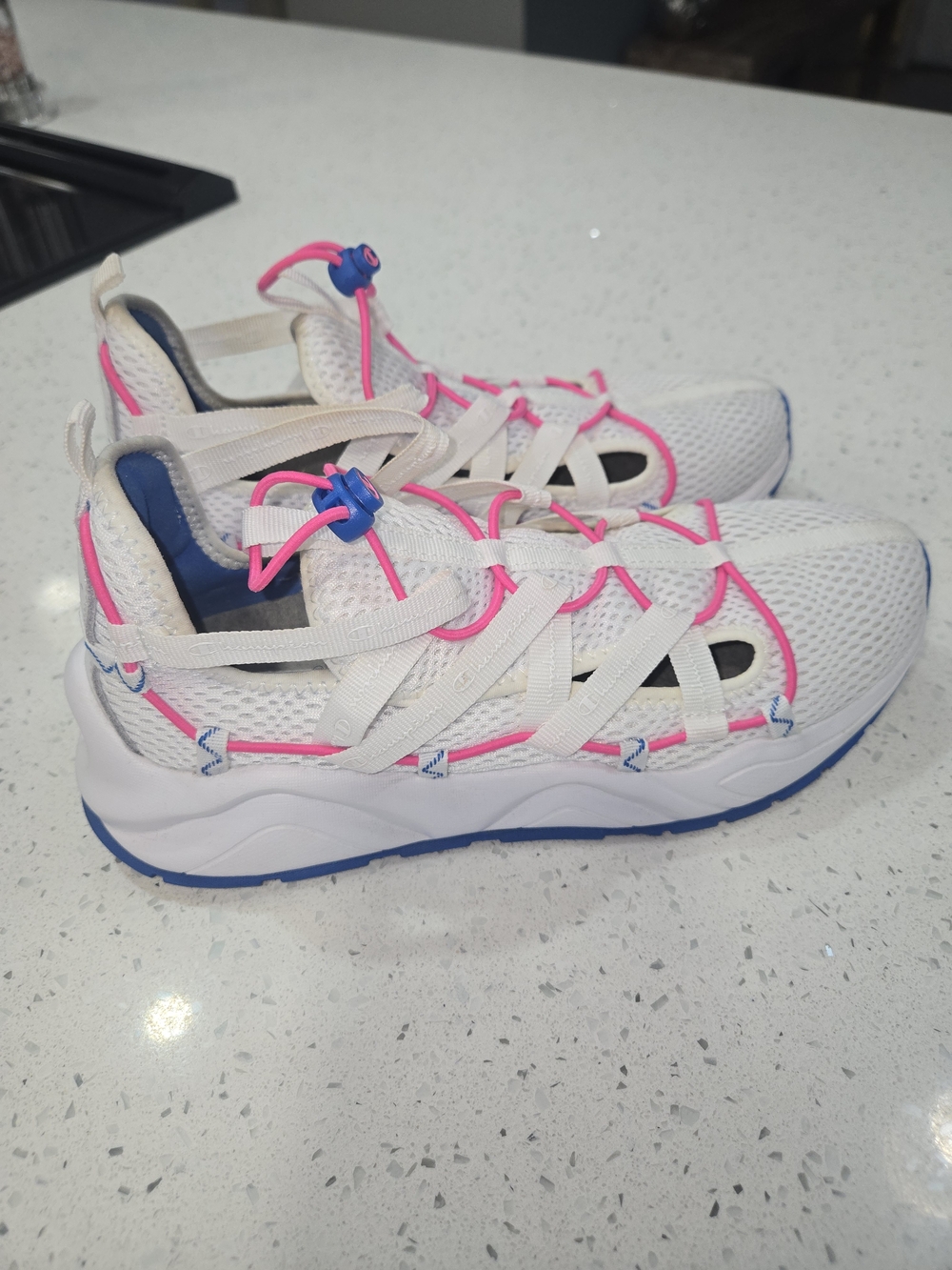 Champion White Mesh Kids Sneakers with Pink and Blue Accents